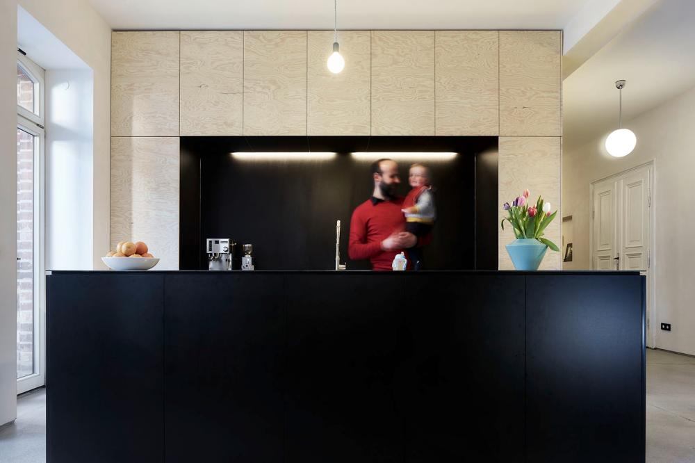 Große Loftküche, Wandverkleidung und Tapetentür